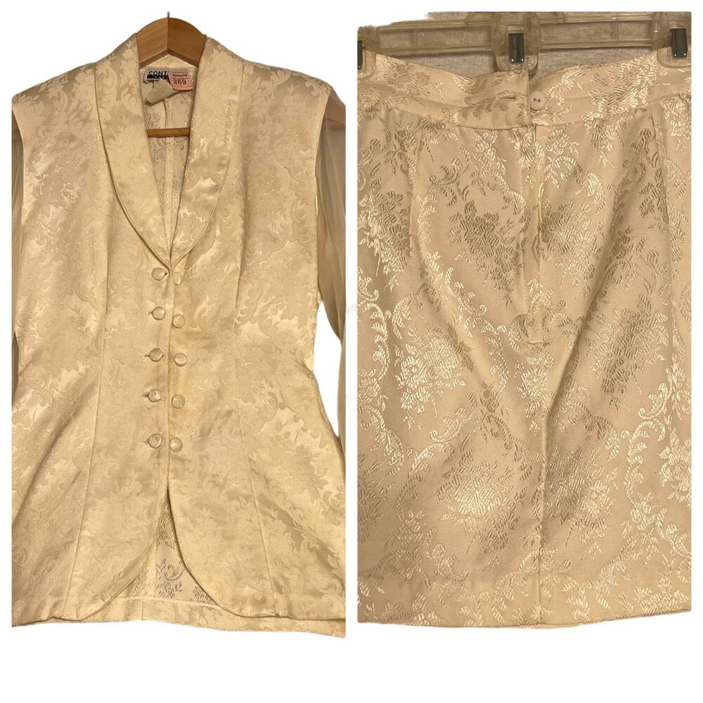 Contempo Casuals Ivory Brocade Vest & Skirt Set  Size S  USA Vintage Chic Night